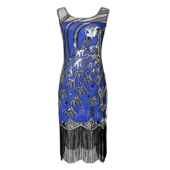 Peacock Sequin Fringed Party Flapper Dress BLUE - Picture 4 of 7